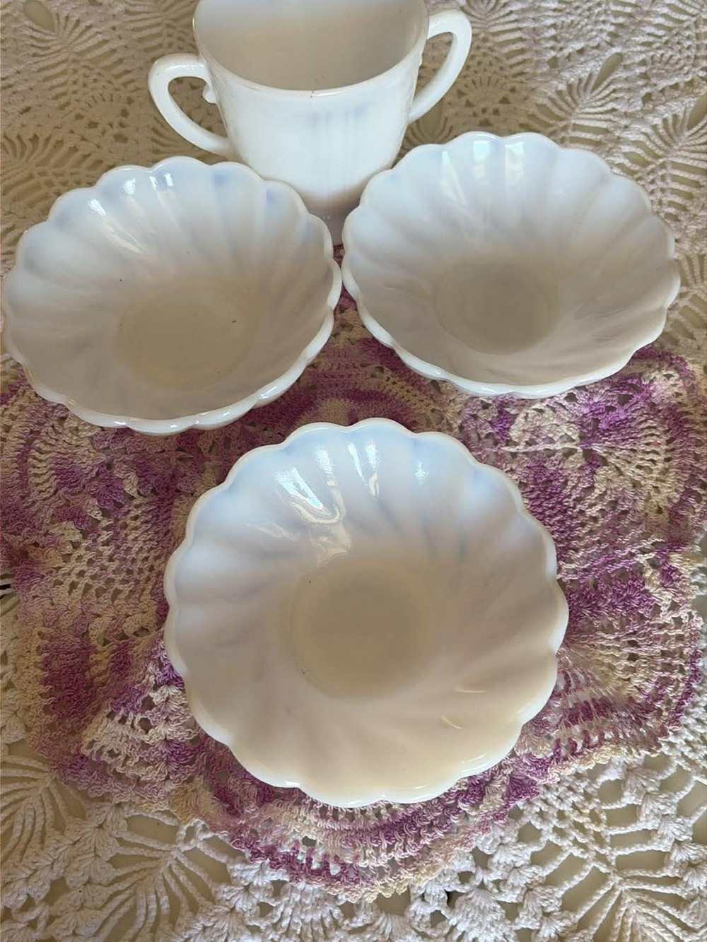 Federal Glass-Hazel ware white iridescent milk glass swirl 3 bowls and 1 sugar